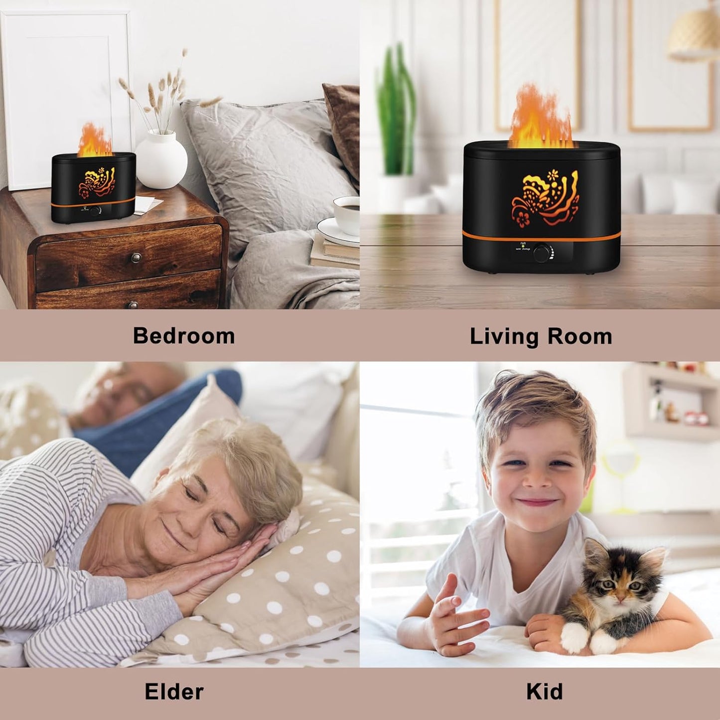 Flame Aroma Diffuser,Humidifier And Air Purifier In 1,Simulated Flame Night Light,Add Water To The Top,Power Off When There Is No Water,Silent Humidification for Baby Home Office,Black,A Moon