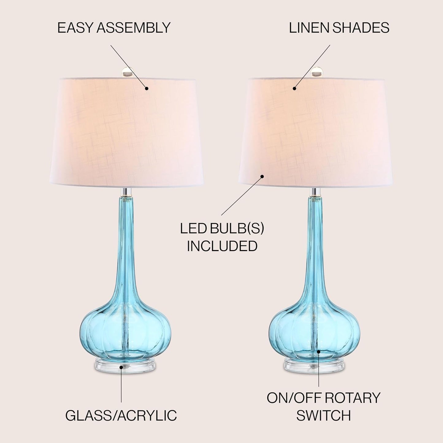 JONATHAN Y JYL1079B-SET2 Set of 2 Table Lamps Bette 28.5" Glass Teardrop LED Table Lamp Contemporary Bedside Desk Nightstand Lamp for Bedroom Living Room Office College Bookcase, Aqua