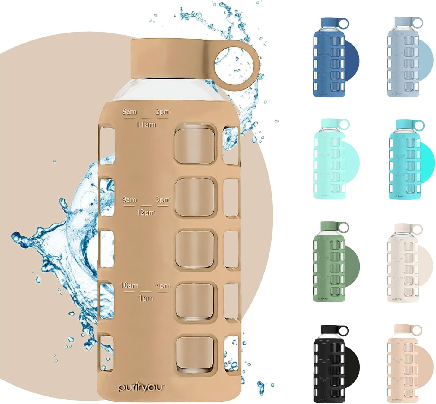 purifyou 40oz / 32oz / 22oz / 12oz Borosilicate Glass Water Bottle with Time & Volume Markers, Silicone Sleeve, Stainless Steel Lid | Reusable Glass Bottle for Water & Juice (40oz Jet Black)