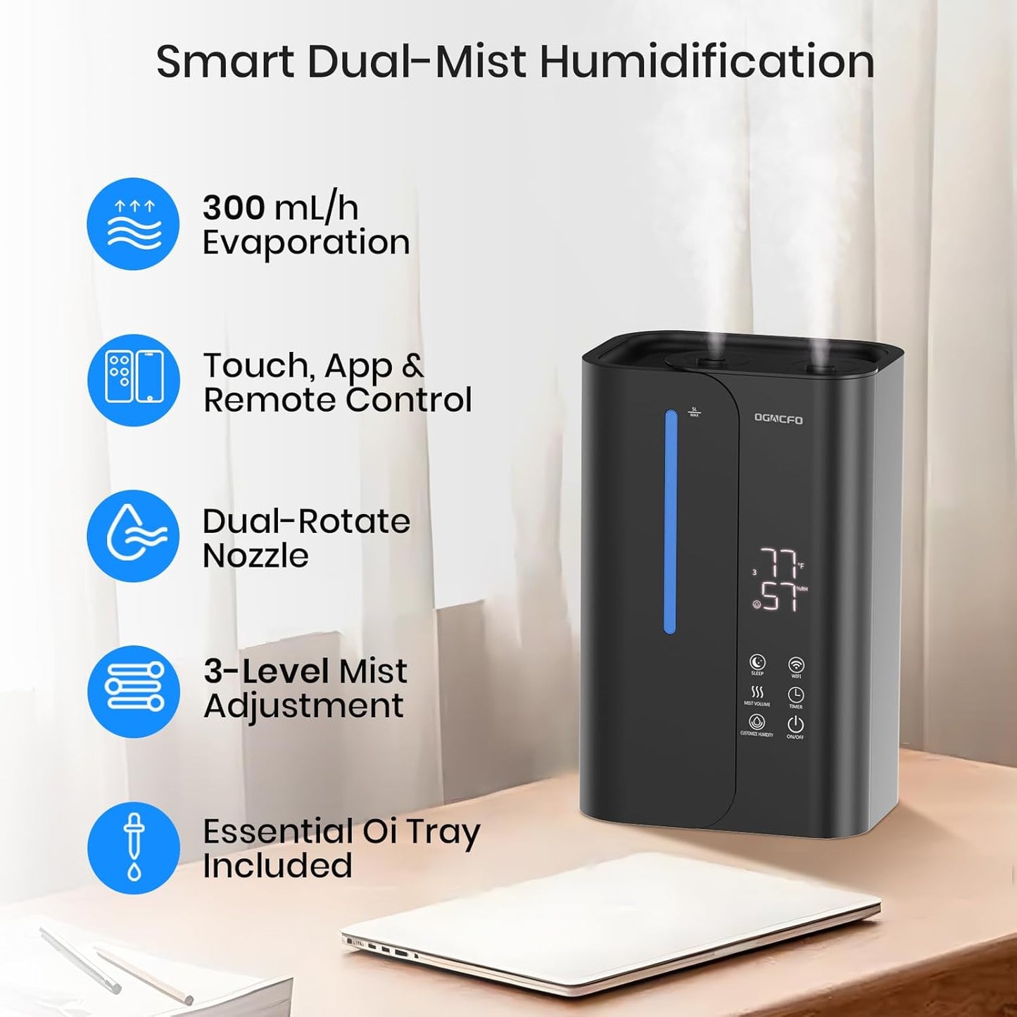 Cool Mist Humidifiers for Bedroom and Plants & Baby, Top Fill 5L Large Room Smart Humidifier for Home Nursery, 28 dB Quiet 50H Runtime Bedroom humidifier with Essential Oils