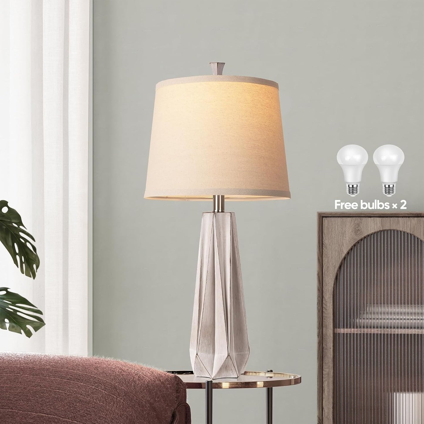 3 Color Temperature Table Lamp, Linen Shade, Living Room Nightstand Bedroom Decor, Bulb Included, Light Wood Grain 2-Pack Suitable for Living Room, Dormitory, Office,