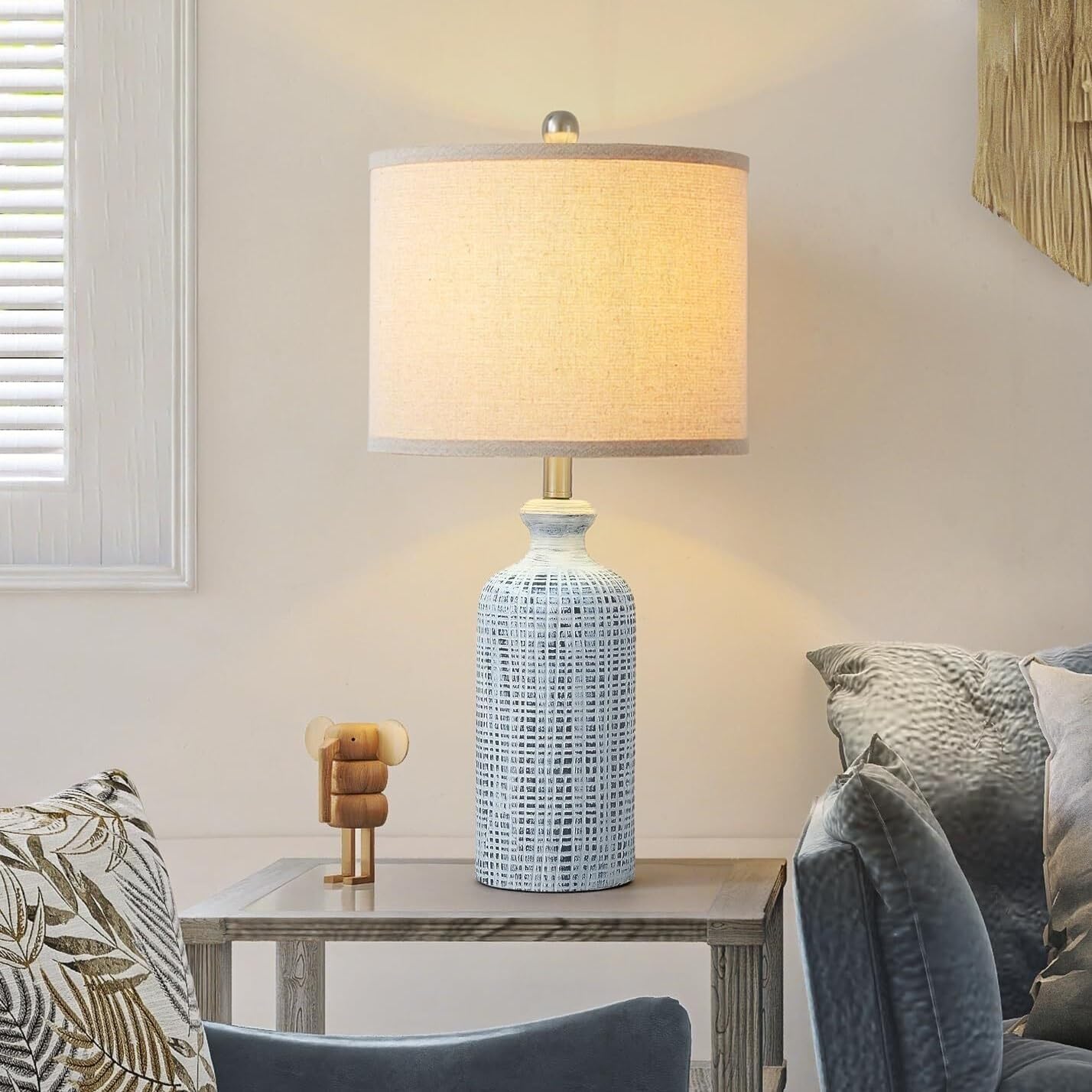 25.8" Modern Ceramic Table Lamp 2-Pack With Linen Shade And Rotary Switch For Bedroom Nightstand Living Room Decoration suitable for bedrooms, living rooms, offices, book(Rotary Switch Blue)