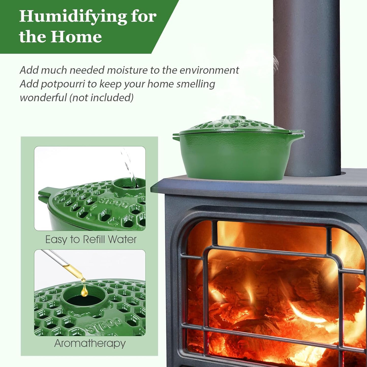 Wood Stove Steamer, Cast Iron Fireplace Humidifier, Indoor Humidifier for Home Heating, Black Bowl Fireplace Stove Covers Accessories Decorative, Matte Black Finish, Rust Resistant, 2.7 Quart Capacity