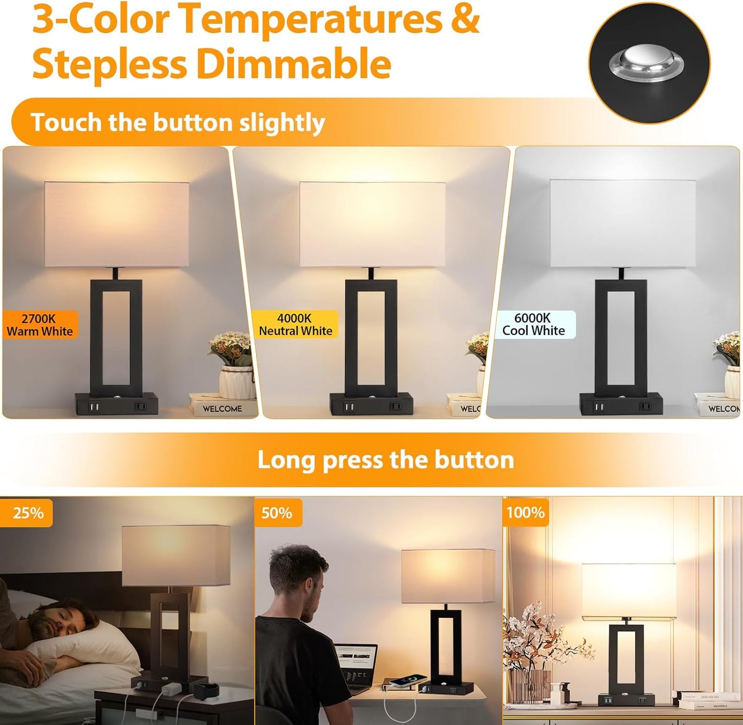 27.2’’ Tall Black Table Lamps for Living Room Bedroom, Bedside Touch Control Lamps with 2 USB Ports&AC Outlet, 3 Way Dimmable&Stepless Dimming Desk Lamp Sets for Home Office, Pre-assembled White Shade