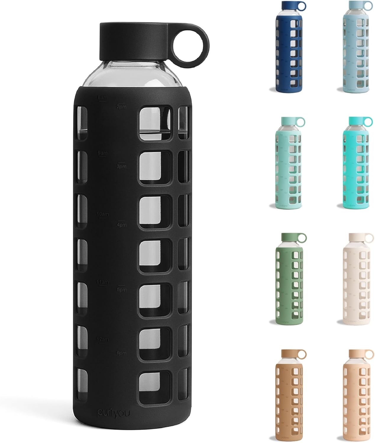 purifyou 40oz / 32oz / 22oz / 12oz Borosilicate Glass Water Bottle with Time & Volume Markers, Silicone Sleeve, Stainless Steel Lid | Reusable Glass Bottle for Water & Juice (40oz Jet Black)