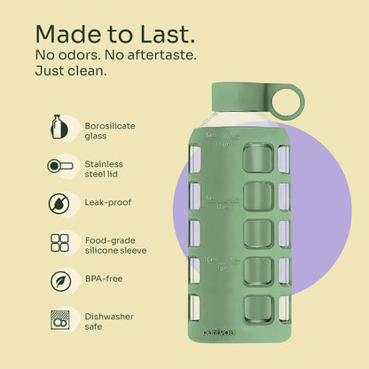 purifyou 40oz / 32oz / 22oz / 12oz Borosilicate Glass Water Bottle with Time & Volume Markers, Silicone Sleeve, Stainless Steel Lid | Reusable Glass Bottle for Water & Juice (40oz Jet Black)