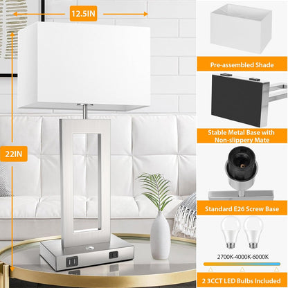 27.2’’ Tall Black Table Lamps for Living Room Bedroom, Bedside Touch Control Lamps with 2 USB Ports&AC Outlet, 3 Way Dimmable&Stepless Dimming Desk Lamp Sets for Home Office, Pre-assembled White Shade