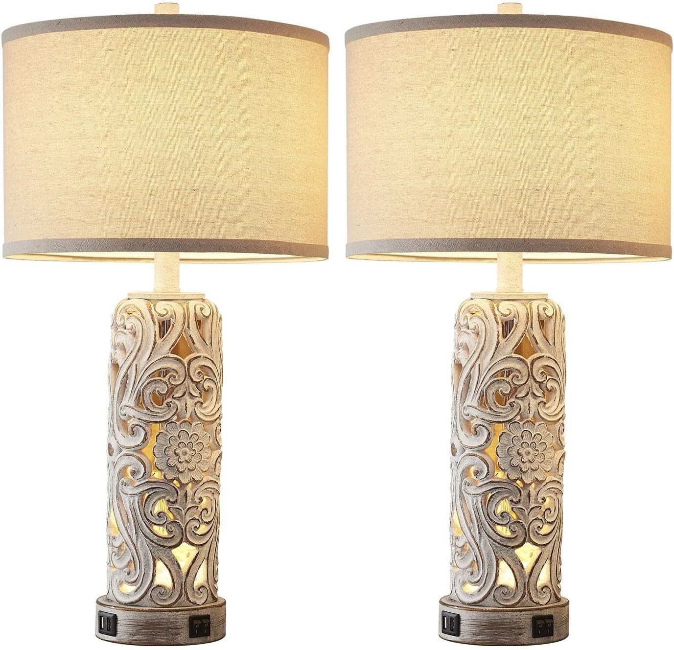 25-inch Antique White Resin Table Lamp with Dual USB Ports for Living Room Or Bedroom, Light Bulb Included Suitable for Living Room, Dormitory, Office,(Wash White)