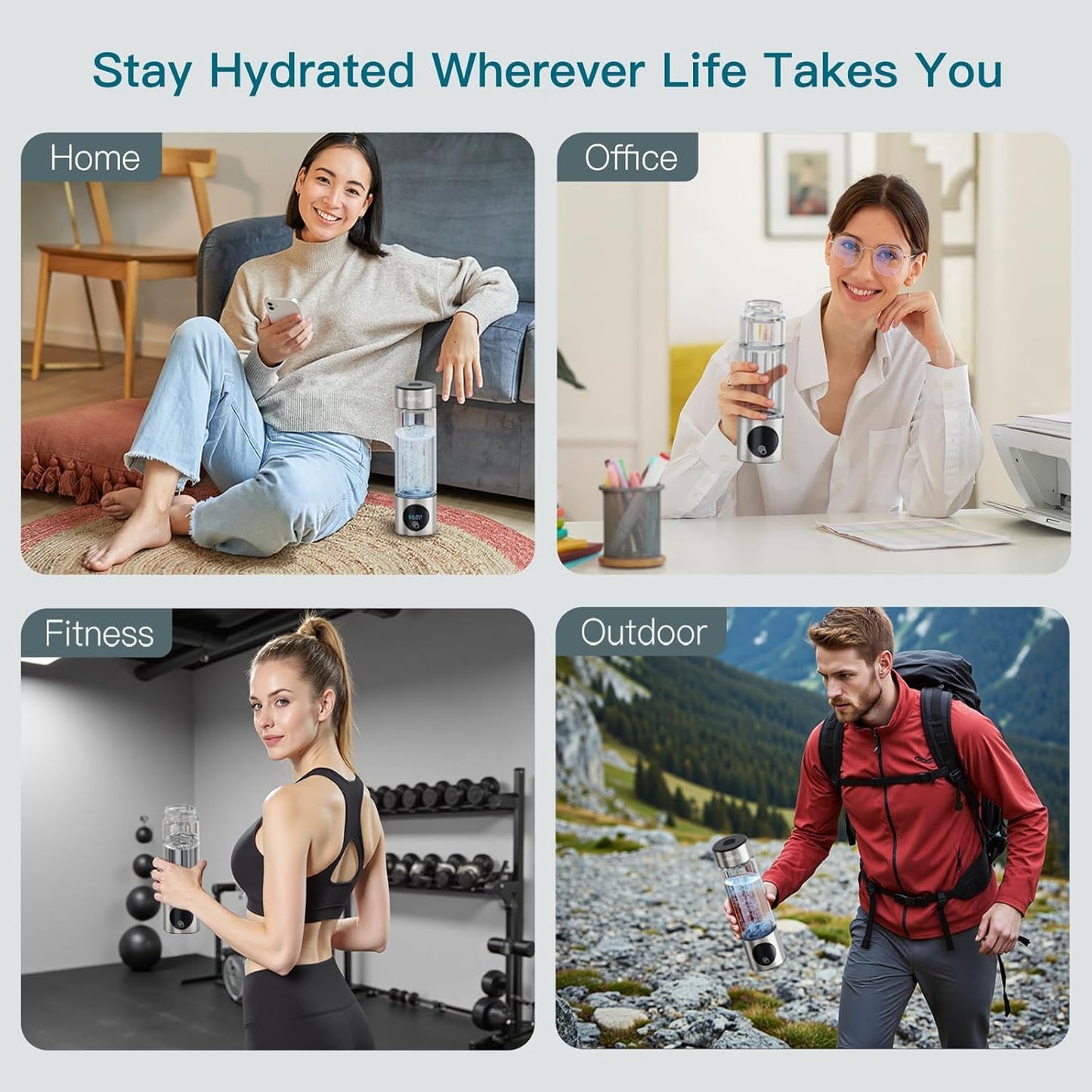 Hydrogen Water Bottle Generator - Glass Hydrogen Water Ionizer Machine 16oz, SPE/PEM Technology, LED Display, Easy Clean, Type-C Charging for Home Office Fitness, Silver