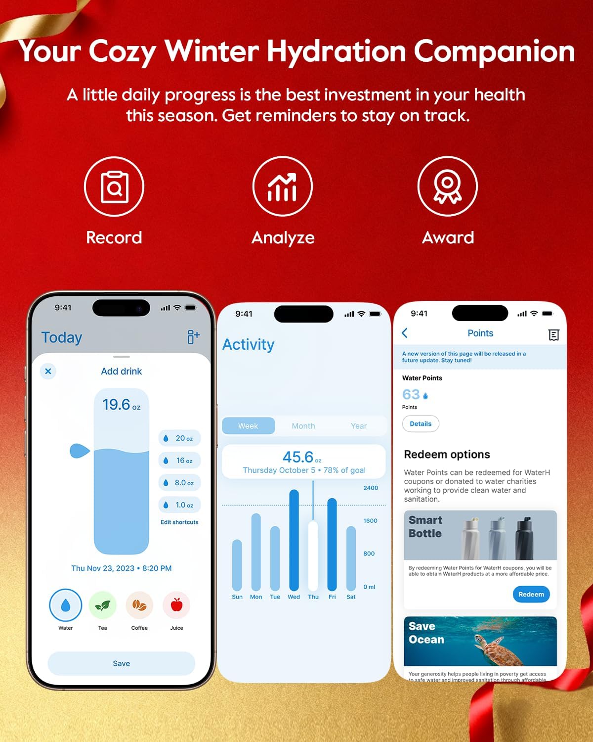 BOOST Smart Water Bottle with Reminder & Tracker, 32oz Vacuum Insulated Bottles Stainless Steel, BPA-Free, Wide Mouth, Ideal Gift for Men, Women, Christmas, Halloween, New Year, Gym, Office, School