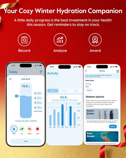 BOOST Smart Water Bottle with Reminder & Tracker, 32oz Vacuum Insulated Bottles Stainless Steel, BPA-Free, Wide Mouth, Ideal Gift for Men, Women, Christmas, Halloween, New Year, Gym, Office, School