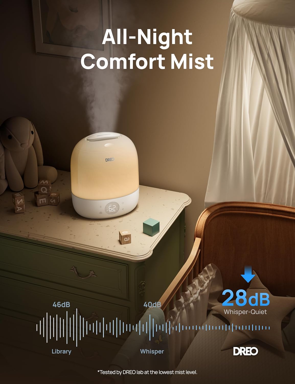 DREO Humidifiers for Bedroom Baby HM409S, Ultra Quiet 28dB & 3L Top Fill Cool Mist Humidifier for Nursery, Smart Air humidifier for Plants Indoor, 1500+ RGB Night Light & Sleep Routine Trainer