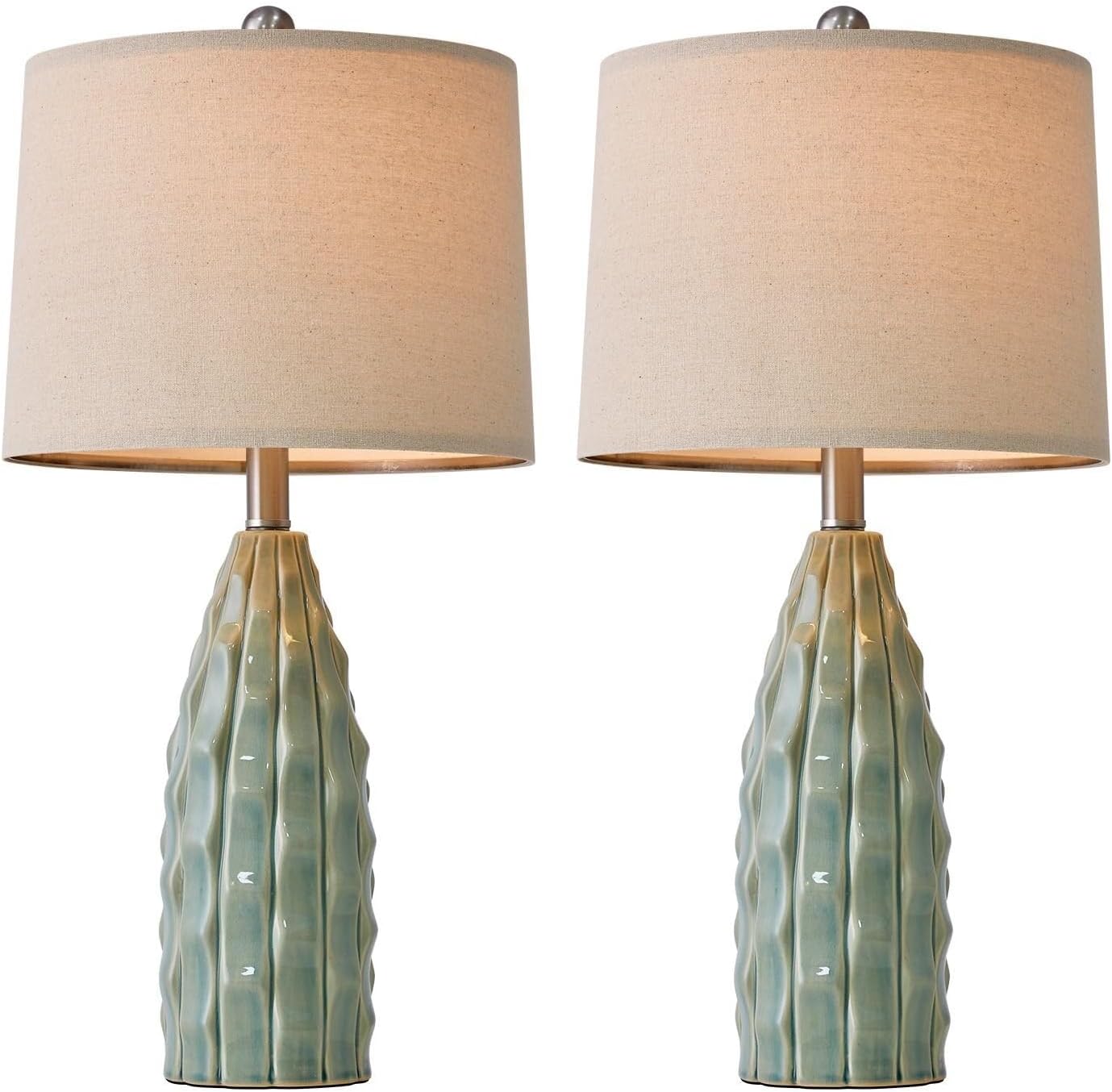 23.75" Modern Ceramic Table Lamp Set of Two with Linen Shades for Bedroom, Office and Living Room Decor Suitable for bedrooms, Living Rooms, Offices, Book(23.75"-Green-2Pack)