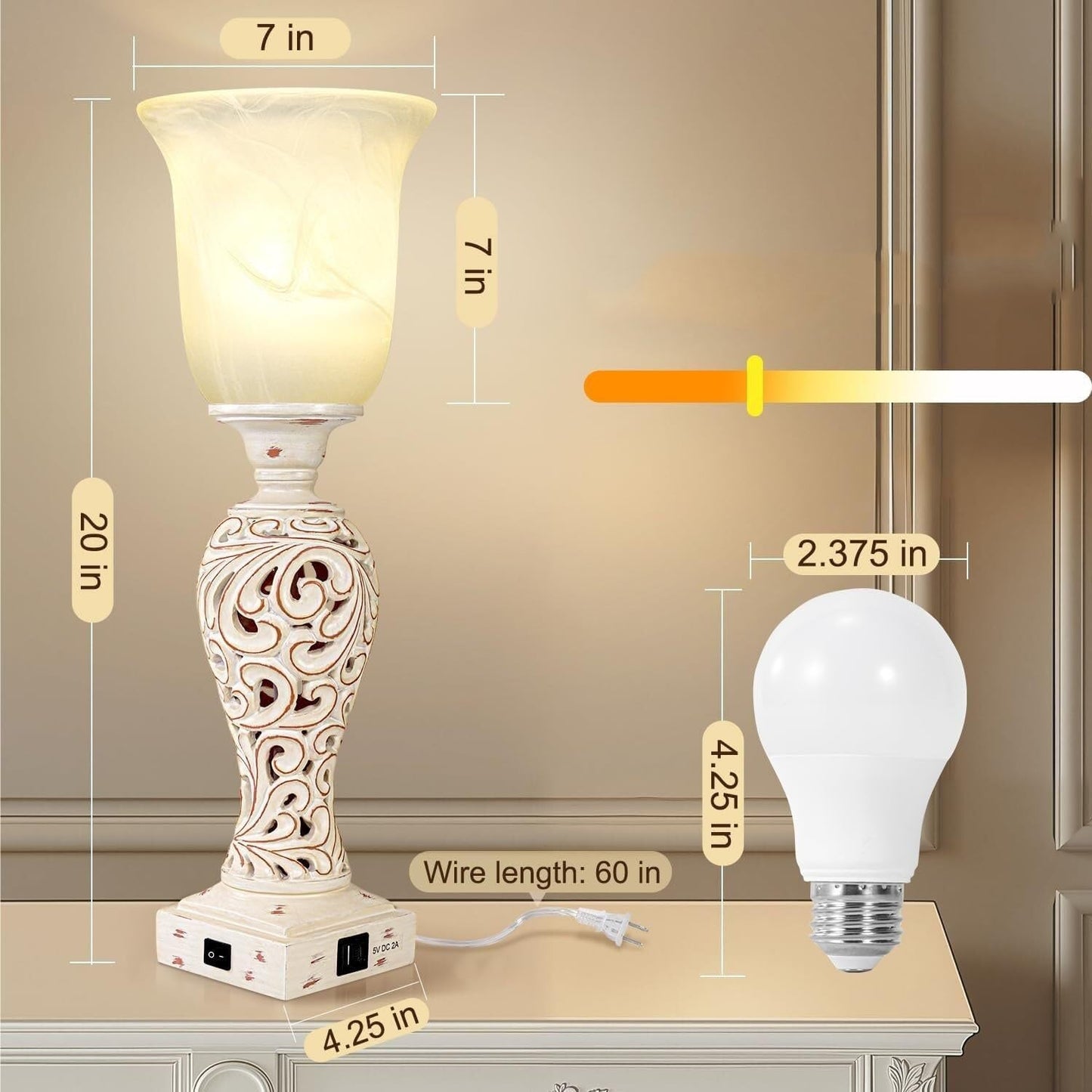 20" Vintage Table Lamp with 2 USB Charging Ports, Glass Shade Table Lamp, Dimmable, for Living Room Bedside Suitable for bedrooms, Living Rooms, Offices, Book