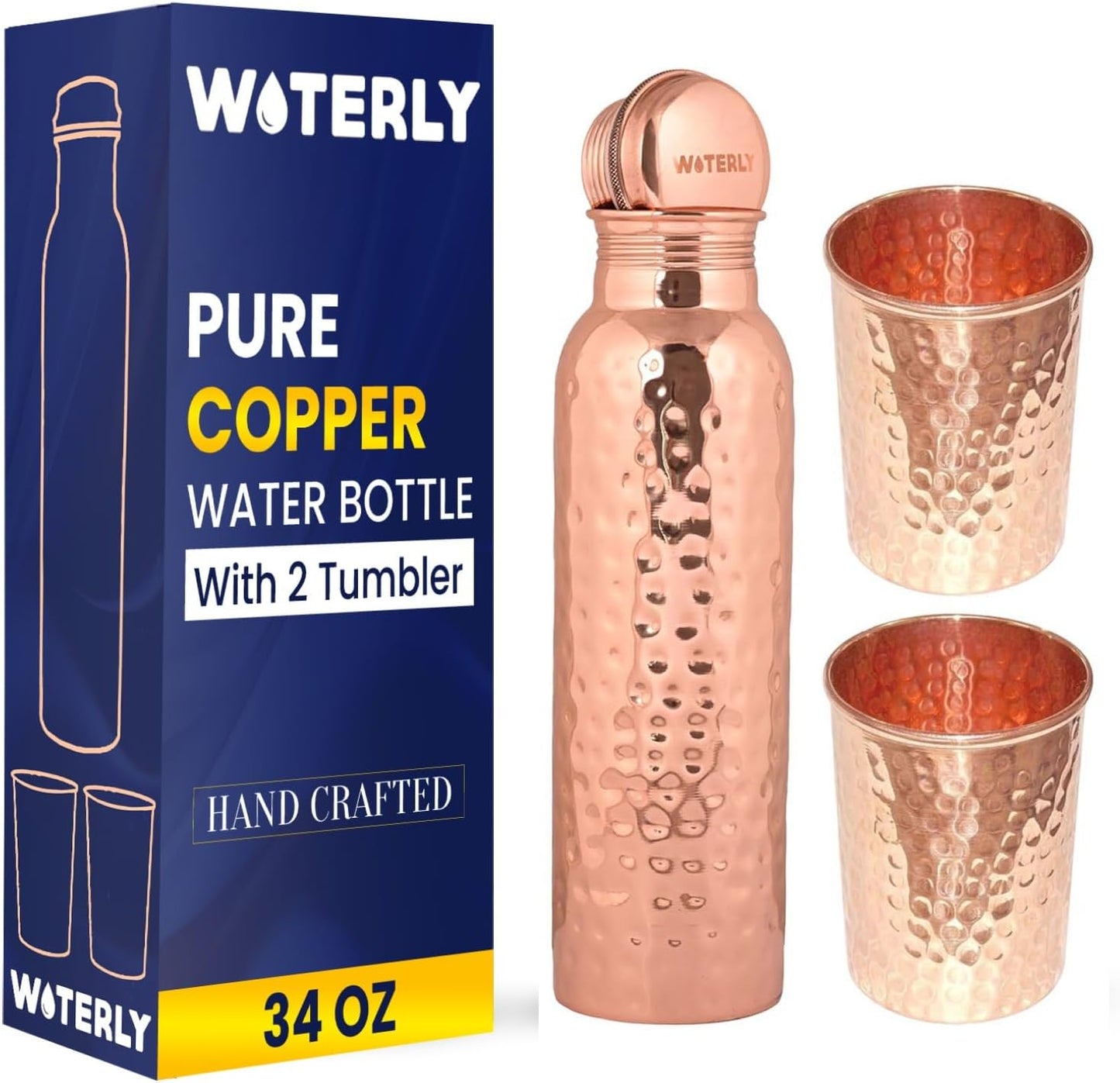 Plain Copper Water Bottle (34 Oz /1000ml) With Set Of 2 Tumbler (10 Oz/300ml Each) | Best use for Office,Gym & gifts |100% Pure Copper Material with Leak proof Quality