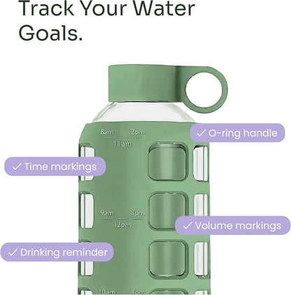 purifyou 40oz / 32oz / 22oz / 12oz Borosilicate Glass Water Bottle with Time & Volume Markers, Silicone Sleeve, Stainless Steel Lid | Reusable Glass Bottle for Water & Juice (40oz Jet Black)