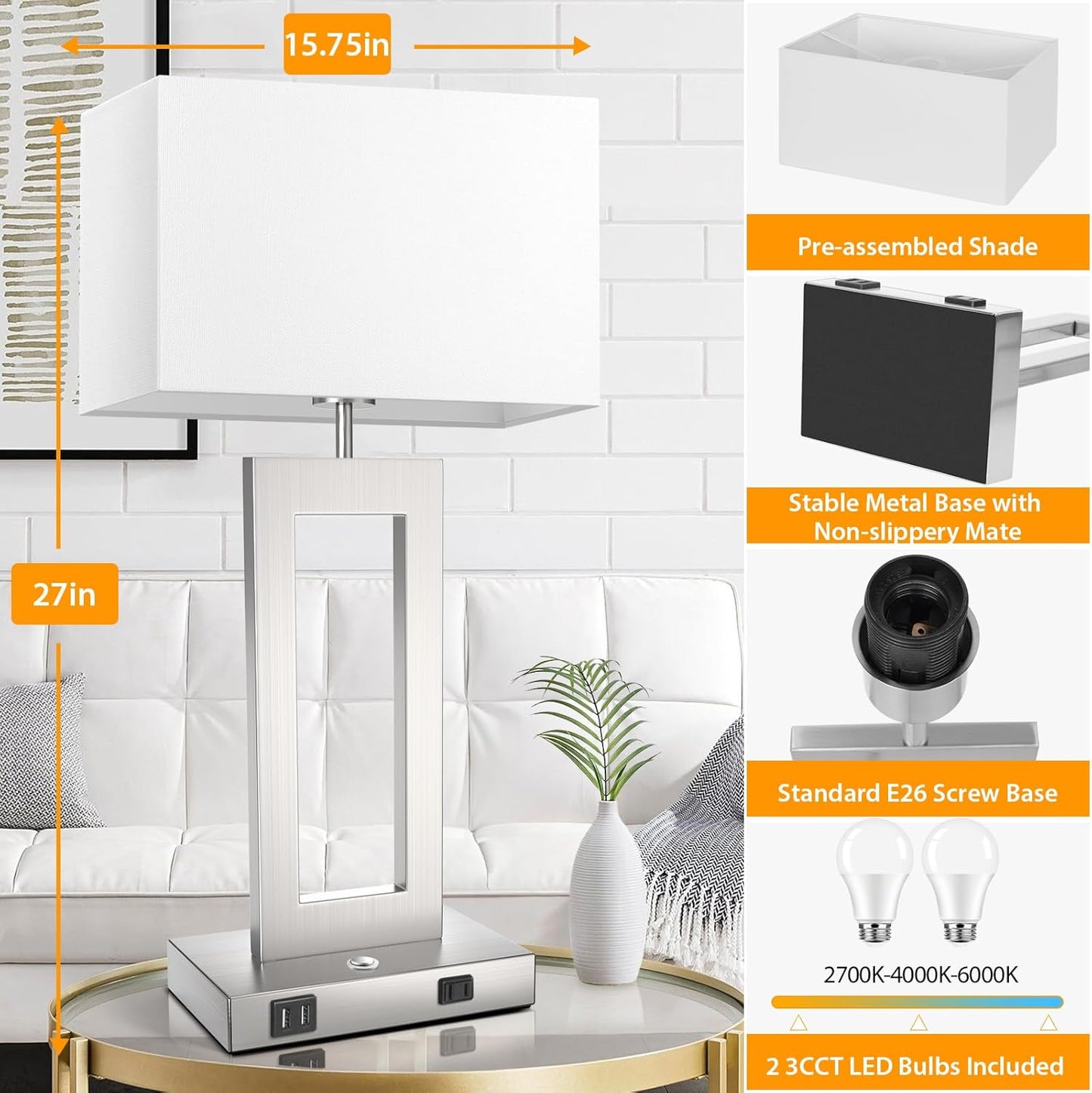 27.2’’ Tall Black Table Lamps for Living Room Bedroom, Bedside Touch Control Lamps with 2 USB Ports&AC Outlet, 3 Way Dimmable&Stepless Dimming Desk Lamp Sets for Home Office, Pre-assembled White Shade