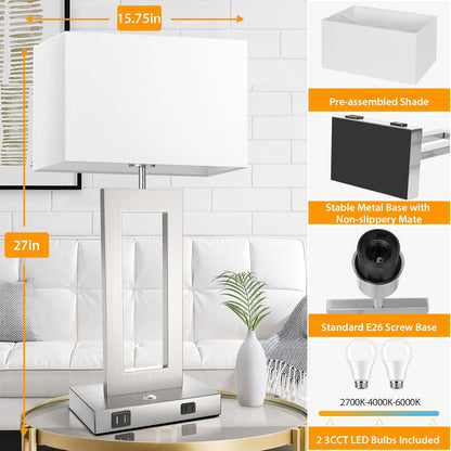 27.2’’ Tall Black Table Lamps for Living Room Bedroom, Bedside Touch Control Lamps with 2 USB Ports&AC Outlet, 3 Way Dimmable&Stepless Dimming Desk Lamp Sets for Home Office, Pre-assembled White Shade