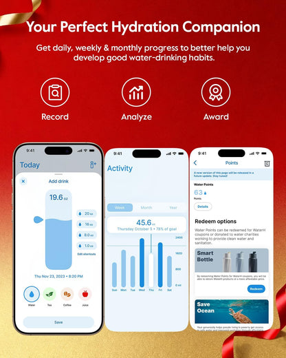 BOOST Smart Water Bottle with Reminder & Tracker, 24oz Vacuum Insulated Bottles Stainless Steel, BPA-Free, Wide Mouth, Ideal Gift for Men, Women, Christmas, Halloween, New Year, Gym, Office, School