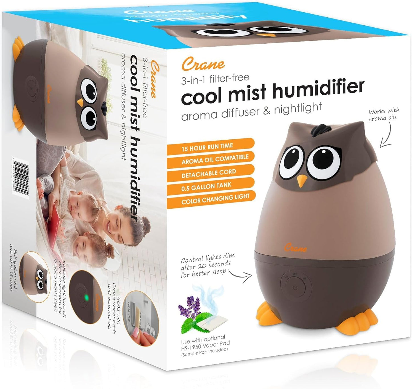 Crane Ultrasonic Humidifiers for Kid's Room and Baby Nursery, .5 Gallon Cool Mist Air Humidifier, Owl Humidifier For Kid's Room