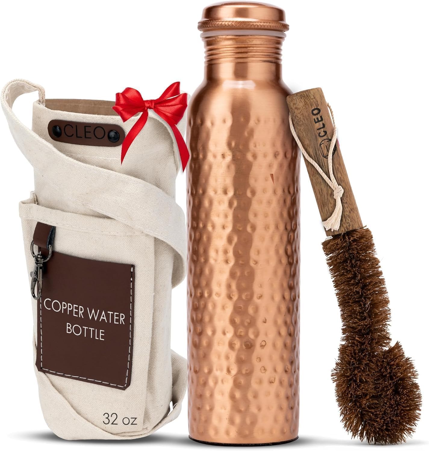 CLEO HOME 100% Pure Copper Water Bottle for Drinking, 32 Oz Hammered Ayurvedic Copper Bottle for Drinking Water | Leak-Proof & Eco-Friendly | For Yoga, Office, Travel with Canvas Carry Bag & Brush