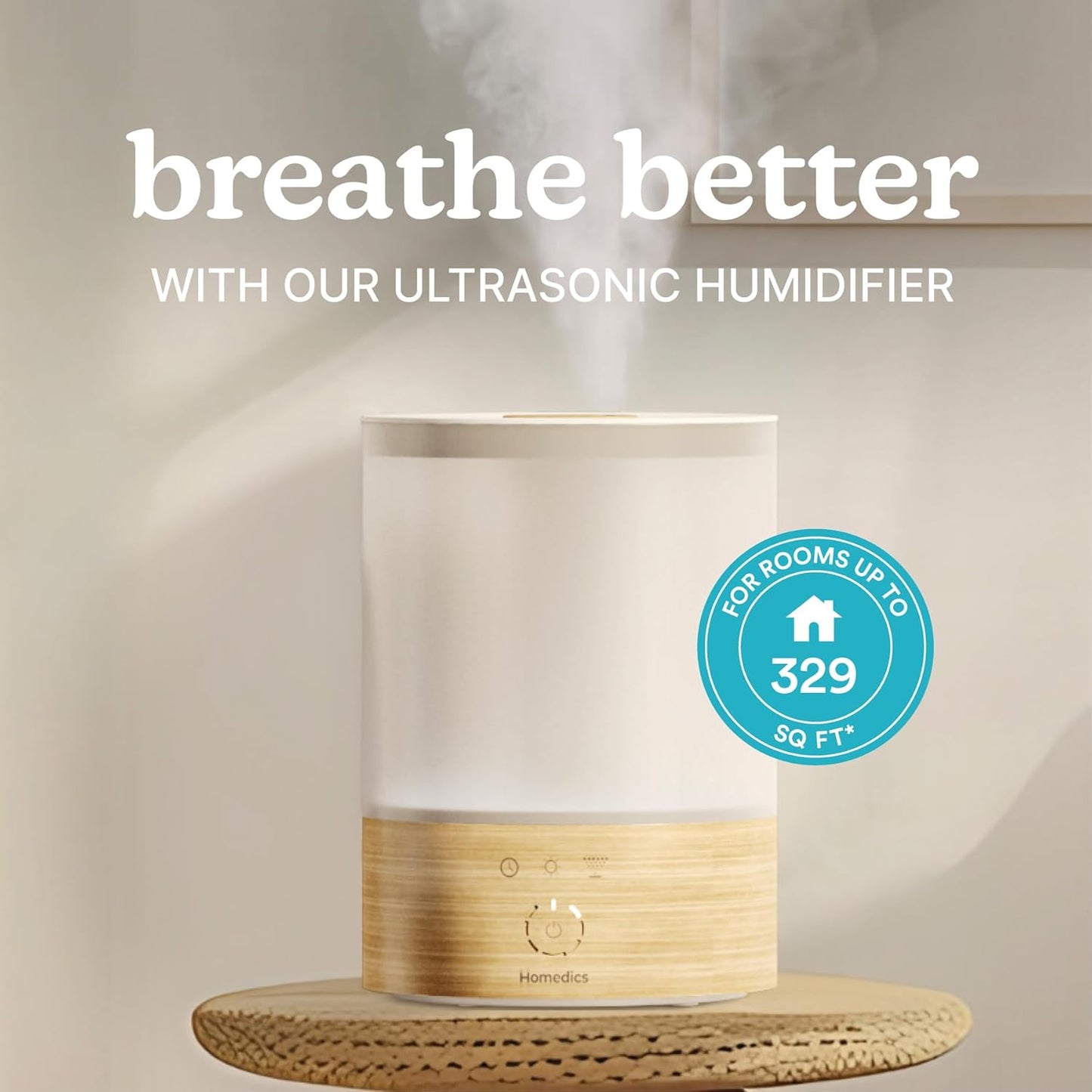 Homedics Cool Mist Ultrasonic Humidifier, 8-Colors Night Light, 0.66 Gal Top-Fill Tank, 24Hr Runtime, 3 Mist Settings, 360° Mist for 329 sq ft Rooms, Aromatherapy, Clean Tank Tech, Auto Shutoff