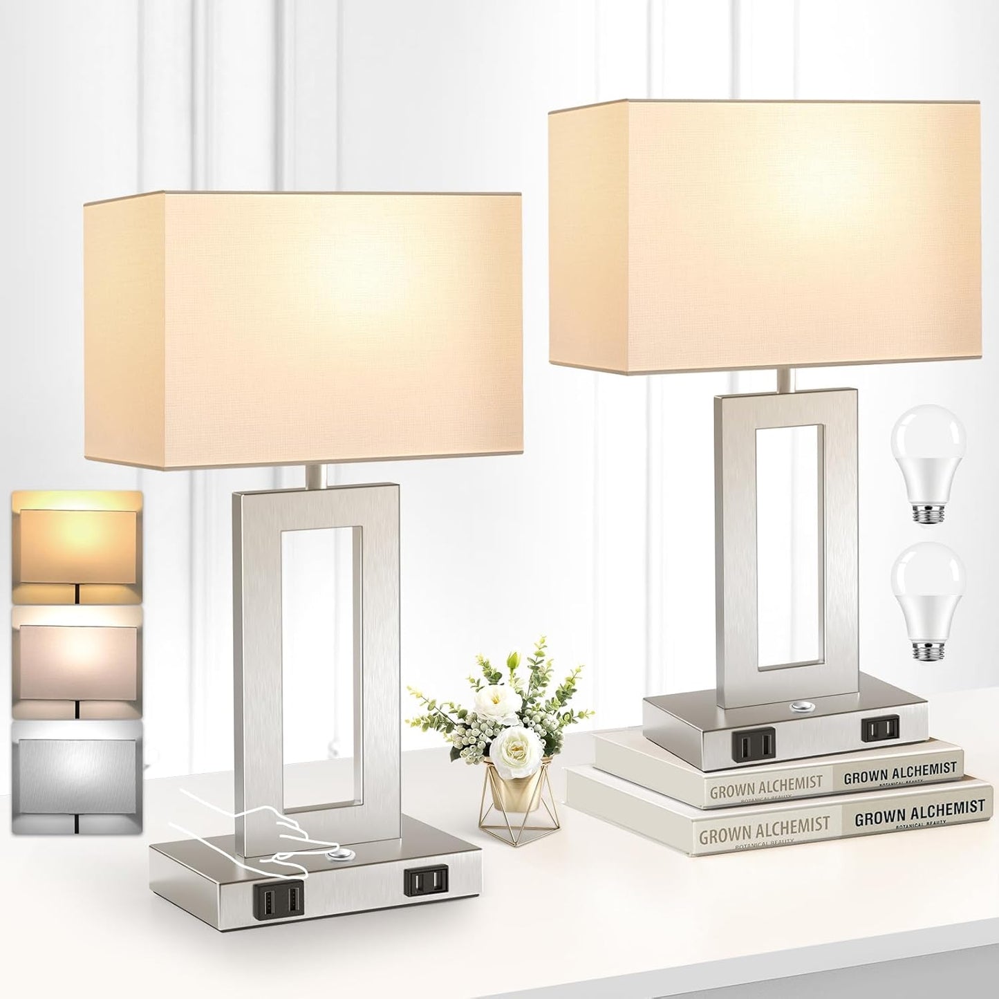 27.2’’ Tall Black Table Lamps for Living Room Bedroom, Bedside Touch Control Lamps with 2 USB Ports&AC Outlet, 3 Way Dimmable&Stepless Dimming Desk Lamp Sets for Home Office, Pre-assembled White Shade