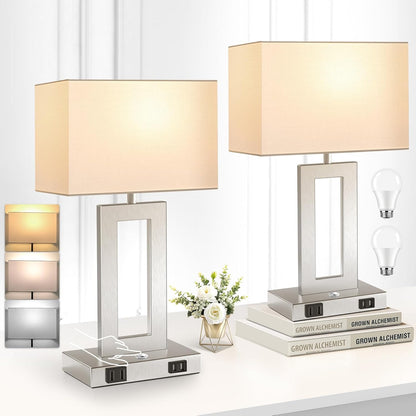 27.2’’ Tall Black Table Lamps for Living Room Bedroom, Bedside Touch Control Lamps with 2 USB Ports&AC Outlet, 3 Way Dimmable&Stepless Dimming Desk Lamp Sets for Home Office, Pre-assembled White Shade