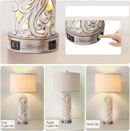 25-inch Antique White Resin Table Lamp with Dual USB Ports for Living Room Or Bedroom, Light Bulb Included Suitable for Living Room, Dormitory, Office,(Wash White)