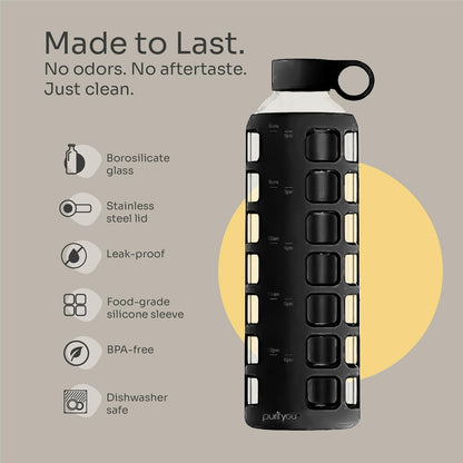 purifyou 40oz / 32oz / 22oz / 12oz Borosilicate Glass Water Bottle with Time & Volume Markers, Silicone Sleeve, Stainless Steel Lid | Reusable Glass Bottle for Water & Juice (40oz Jet Black)