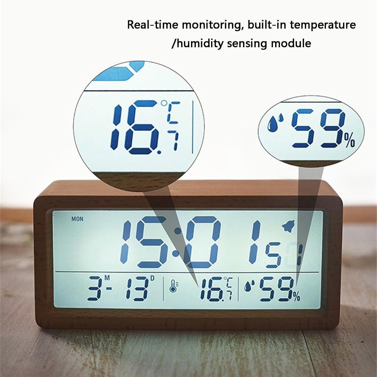 Wooden Alarm Clock, Battery Operated LCD Digital Clock with Smart Sensor Night Light and Snooze Function, Suitable for Bedroom, Bedside, Desk (Color : B)
