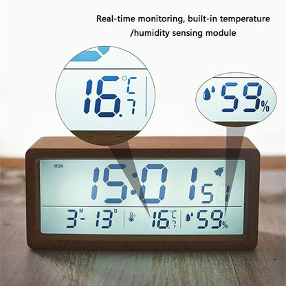 Wooden Alarm Clock, Battery Operated LCD Digital Clock with Smart Sensor Night Light and Snooze Function, Suitable for Bedroom, Bedside, Desk (Color : B)