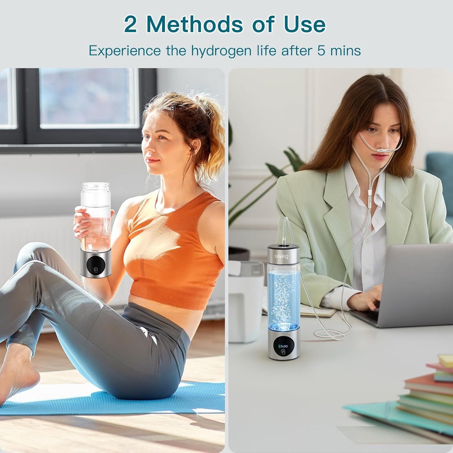 Hydrogen Water Bottle Generator - Glass Hydrogen Water Ionizer Machine 16oz, SPE/PEM Technology, LED Display, Easy Clean, Type-C Charging for Home Office Fitness, Silver