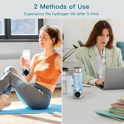 Hydrogen Water Bottle Generator - Glass Hydrogen Water Ionizer Machine 16oz, SPE/PEM Technology, LED Display, Easy Clean, Type-C Charging for Home Office Fitness, Silver