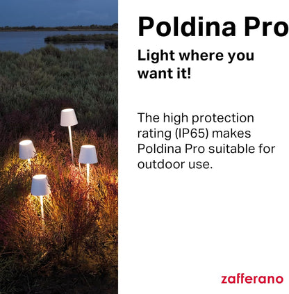 Zafferano, Poldina Pro Lamp, Rechargeable Cordless Table Lamp with Touch Controls, Suitable for Indoor and Outdoor, Dimmer, 2200-3000 K, Height 14.9 Inches, White Color