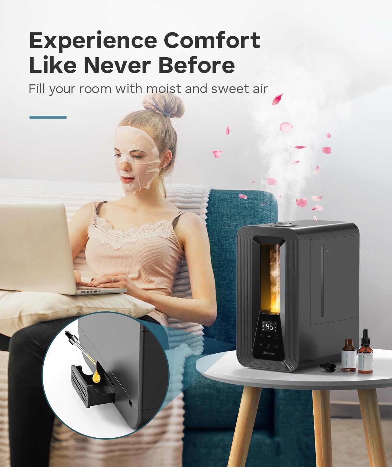 BREEZOME 6L Humidifiers for Bedroom, Cool Mist Top Fill Humidifier with Aroma Diffuser, Humidistat, Night Light, 50H Runtime, Quiet Ultrasonic Humidifiers for Home Large Room, Baby Nursery, Plants