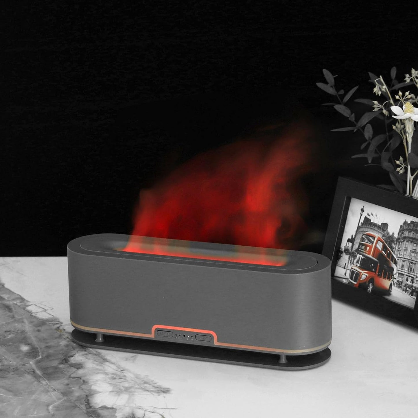 200ml Flame Humidifier with Simulated Flame, Colorful Light, Quiet Operation for Home Office (US Plug)(Gray Black)