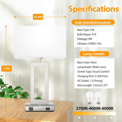 27.2’’ Tall Black Table Lamps for Living Room Bedroom, Bedside Touch Control Lamps with 2 USB Ports&AC Outlet, 3 Way Dimmable&Stepless Dimming Desk Lamp Sets for Home Office, Pre-assembled White Shade