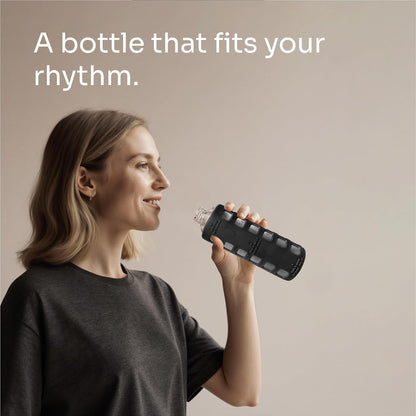 purifyou 40oz / 32oz / 22oz / 12oz Borosilicate Glass Water Bottle with Time & Volume Markers, Silicone Sleeve, Stainless Steel Lid | Reusable Glass Bottle for Water & Juice (40oz Jet Black)