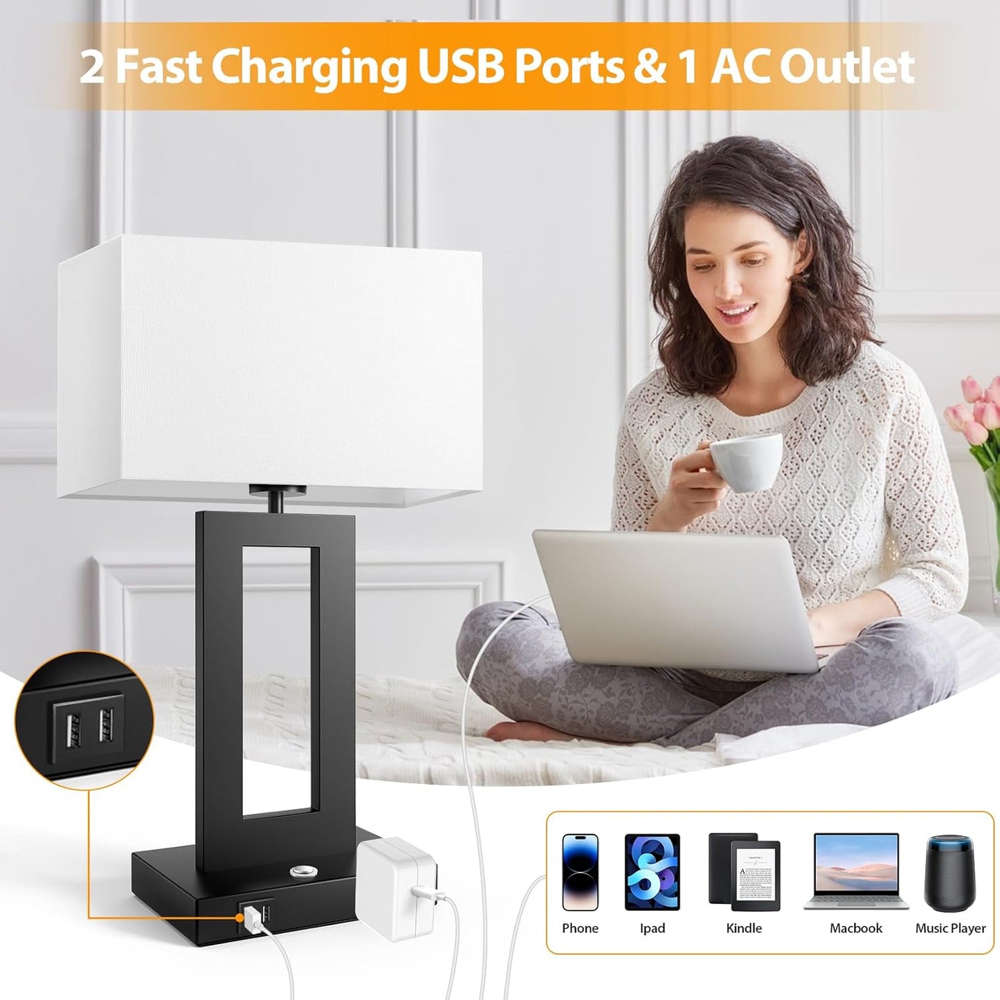 27.2’’ Tall Black Table Lamps for Living Room Bedroom, Bedside Touch Control Lamps with 2 USB Ports&AC Outlet, 3 Way Dimmable&Stepless Dimming Desk Lamp Sets for Home Office, Pre-assembled White Shade