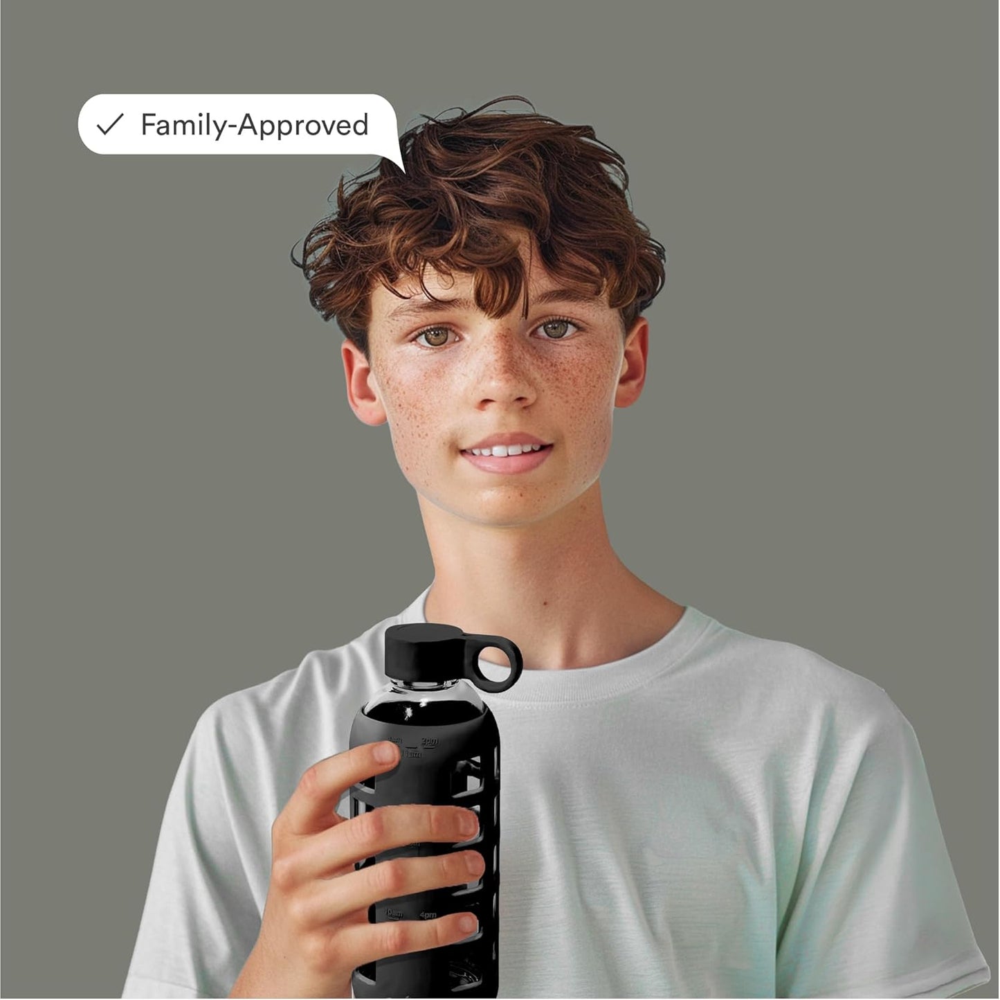 purifyou 40oz / 32oz / 22oz / 12oz Borosilicate Glass Water Bottle with Time & Volume Markers, Silicone Sleeve, Stainless Steel Lid | Reusable Glass Bottle for Water & Juice (40oz Jet Black)