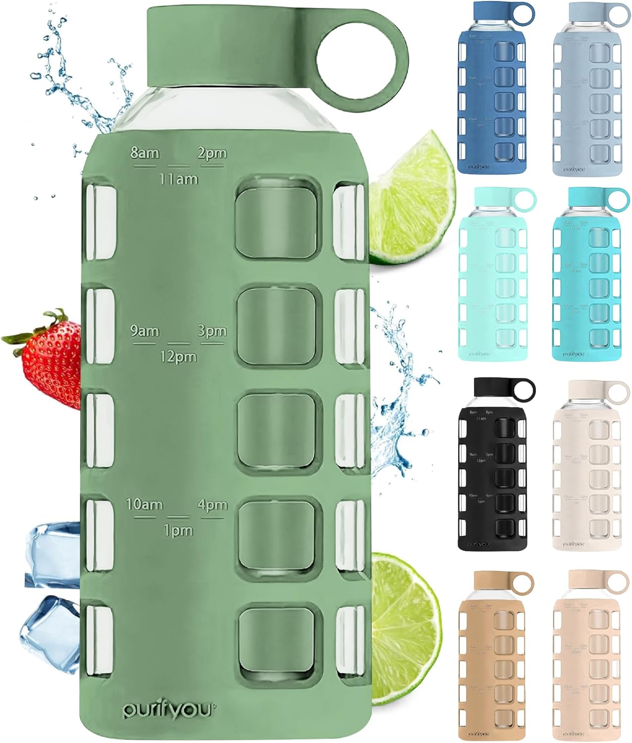 purifyou 40oz / 32oz / 22oz / 12oz Borosilicate Glass Water Bottle with Time & Volume Markers, Silicone Sleeve, Stainless Steel Lid | Reusable Glass Bottle for Water & Juice (40oz Jet Black)