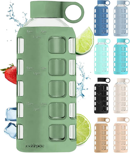 purifyou 40oz / 32oz / 22oz / 12oz Borosilicate Glass Water Bottle with Time & Volume Markers, Silicone Sleeve, Stainless Steel Lid | Reusable Glass Bottle for Water & Juice (40oz Jet Black)