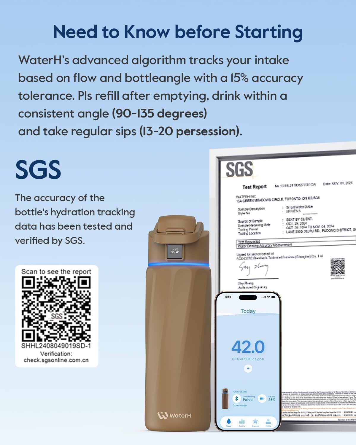 WATERH Boost Smart Water Bottle with Reminder to Drink Water, 24oz BPA-Free Stainless Steel Vacuum Insulated Water Bottle, Wide Mouth Water Tracker Bottle with APP, Ideal for Gift