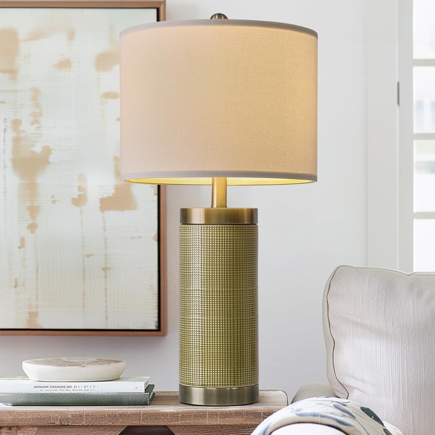 24.5 Inch Modern Ceramic Table Lamp with Linen Lampshade Suitable for Bedroom Decor Living Room Office Dorm Suitable for bedrooms, Living Rooms, Offices, Book(White)