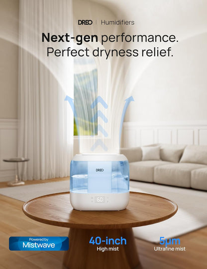 Humidifiers for Bedroom - Dreo Quiet (4L Water Tank) Cool Mist Top Fill Essential Oil Diffuser for Home, Smart App & Voice Control, Rapid Ultrasonic Humidification Baby Nursery and Plants, Blue