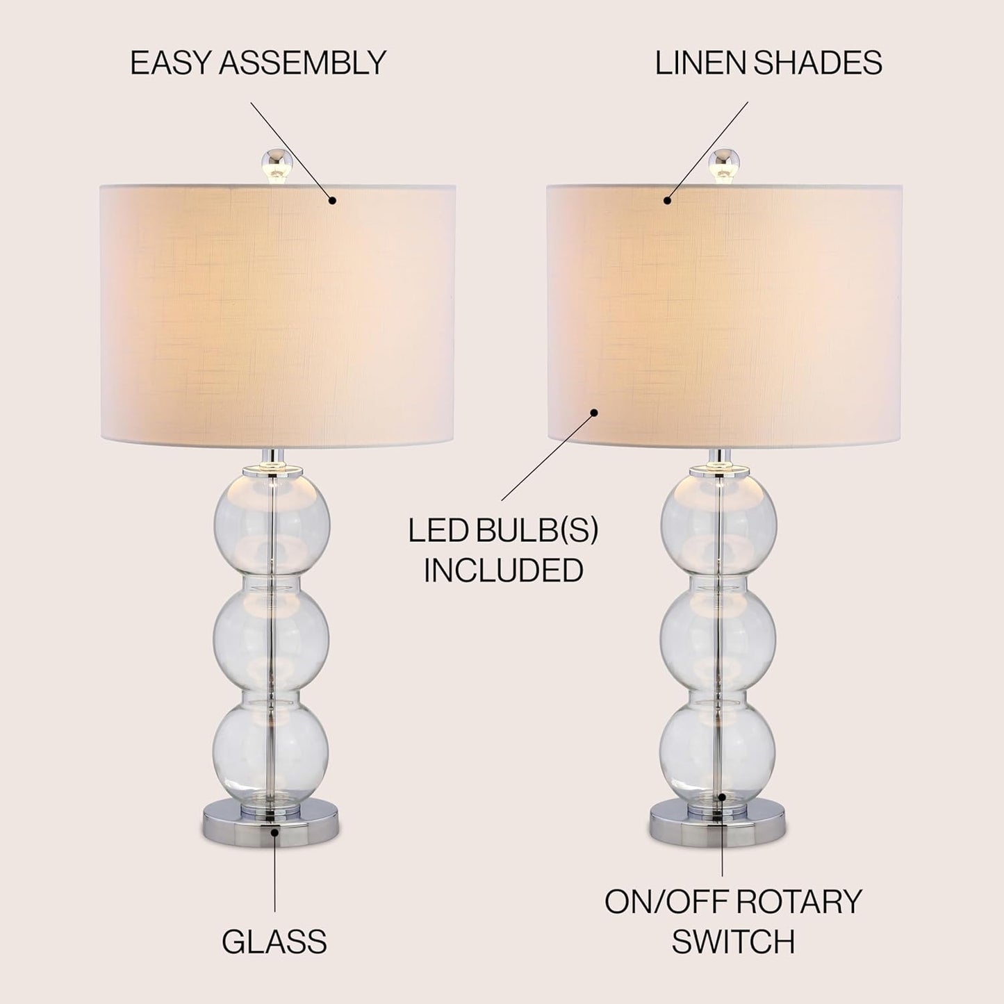 JONATHAN Y JYL1070A-SET2 Set of 2 Table Lamps Bella 27" Glass Triple-Sphere LED Table Lamp Contemporary Bedside Desk Nightstand Lamp for Bedroom Living Room Office College Bookcase, Clear/Brass