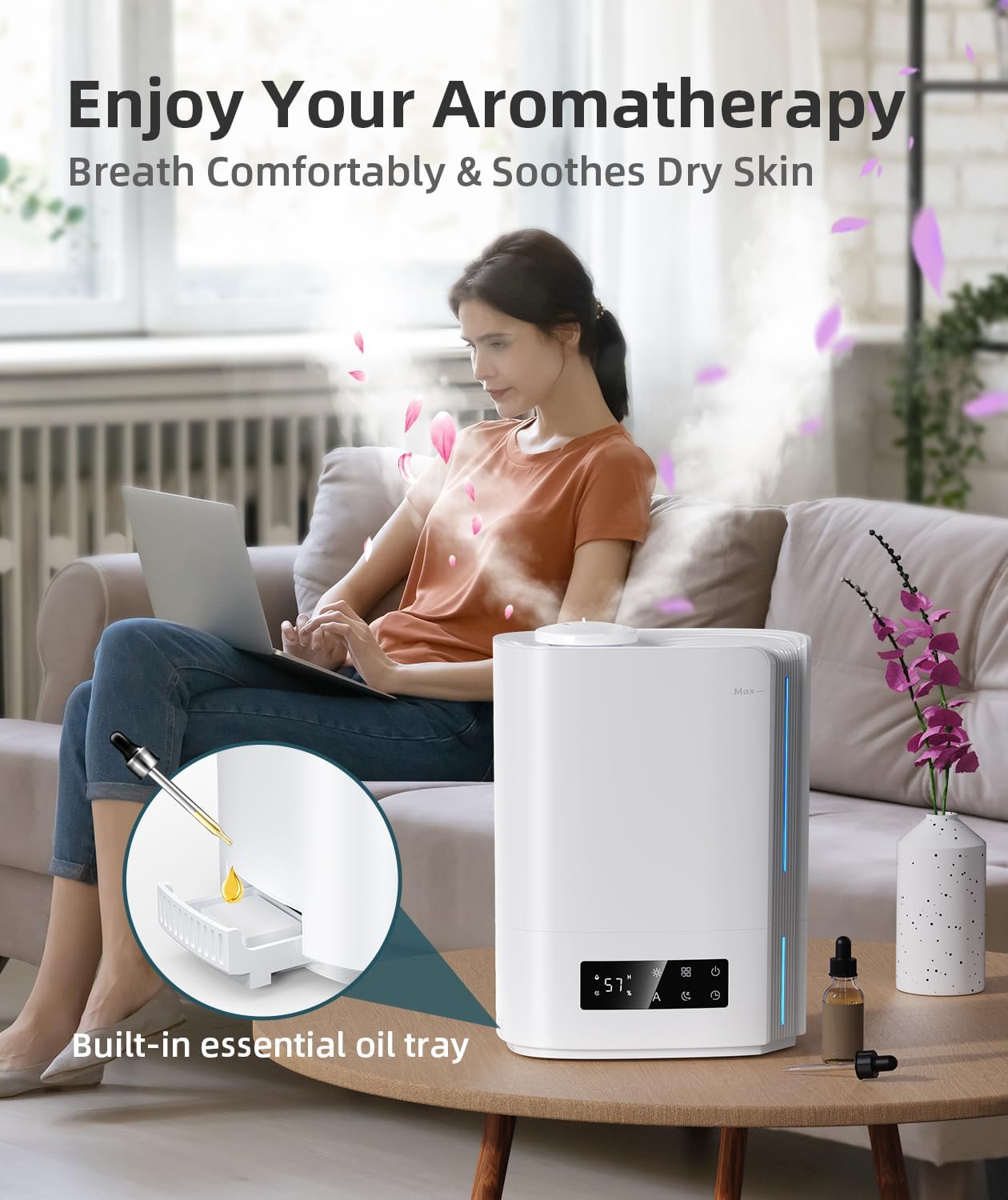 BREEZOME 6L Humidifiers for Bedroom Large Room, Ultrasonic Top Fill Cool Mist Humidifier & Essential Oil Diffuser with Smart Humidistat Control, Last up to 60 Hours, Ideal for Plants, Baby Nursery