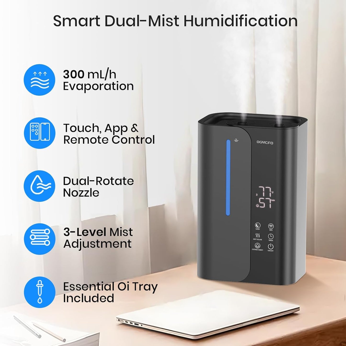 Cool Mist Humidifiers for Bedroom and Plants & Baby, Top Fill 5L Large Room Smart Humidifier for Home Nursery, 28 dB Quiet 50H Runtime Bedroom humidifier with Essential Oils