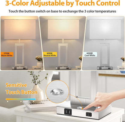 27.2’’ Tall Black Table Lamps for Living Room Bedroom, Bedside Touch Control Lamps with 2 USB Ports&AC Outlet, 3 Way Dimmable&Stepless Dimming Desk Lamp Sets for Home Office, Pre-assembled White Shade